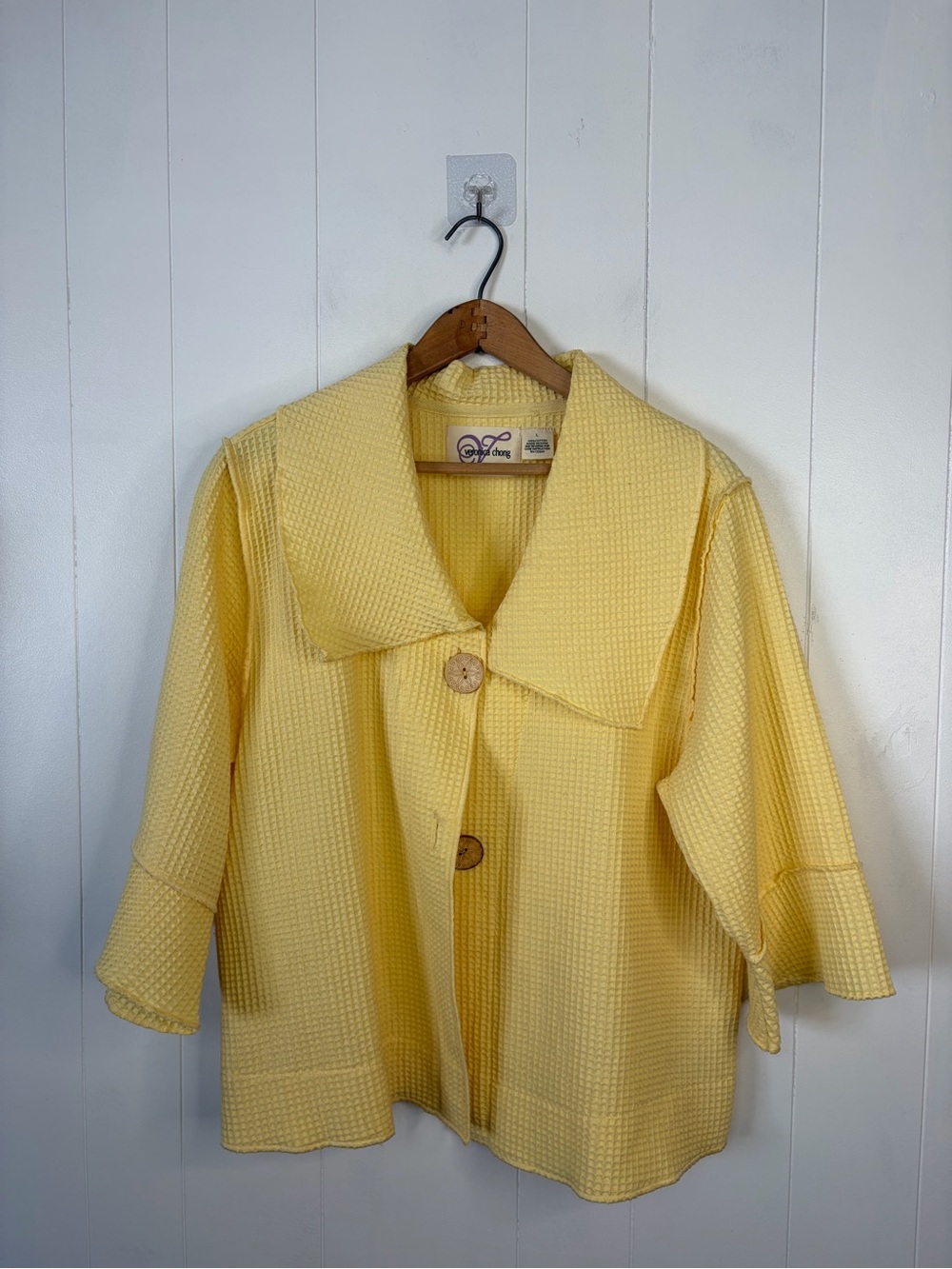 Vintage 90s Yellow Waffle Oversized Jacket Women Size Large lagenlook 3/4 sleeve - Picture 3 of 9